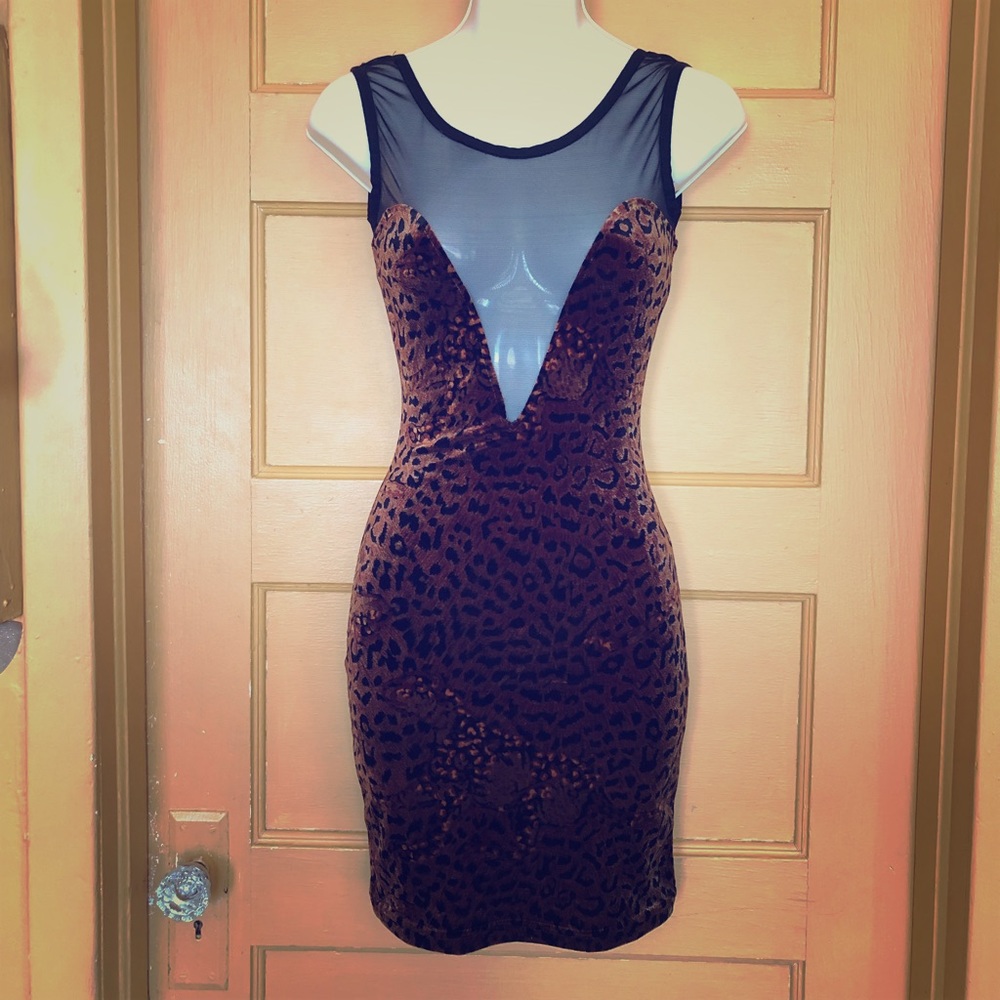 Sexy velvet leopard print & black mesh mini dress